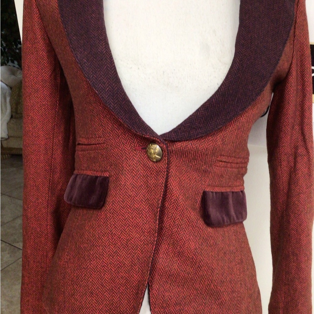 Smythe Velvet Trimmed Peak Lapeled Herringbone Blazer - Picture 3 of 16